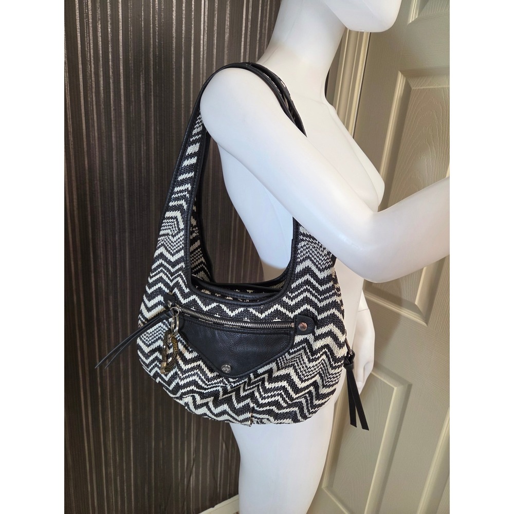 Simply Vera Vera Wang Black White Chevron Zig Zag Hobo Shoulder Bag Heart Charm